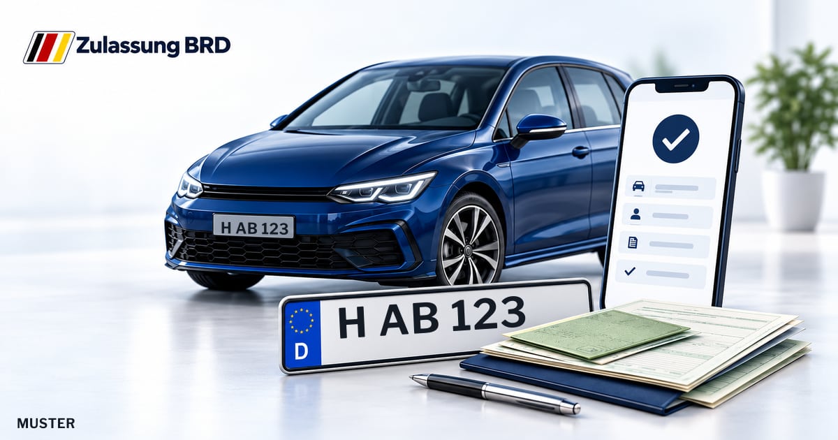 Online Fahrzeugzulassung in Garbsen: Musterkennzeichen H AB 123, Auto und Fahrzeugpapiere und Smartphone. Illustration mit Logo von Zulassung BRD.